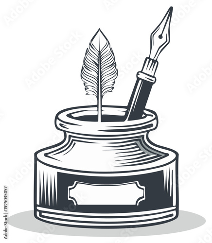 Inkwell and quill pen illustration classic writing instruments old style
