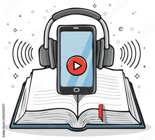 Audiobook concept: phone, headphones, and open book, listening to digital audio content