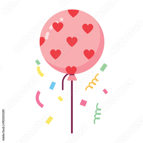 Floating Balloon of Love: A delightful illustration showcases a charming, heart-adorned balloon, rising gracefully amidst a shower of confetti, symbolizing celebration, love, and joy.