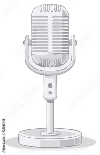 Vintage silver microphone on a stand, classic retro audio equipment, studio recording tool