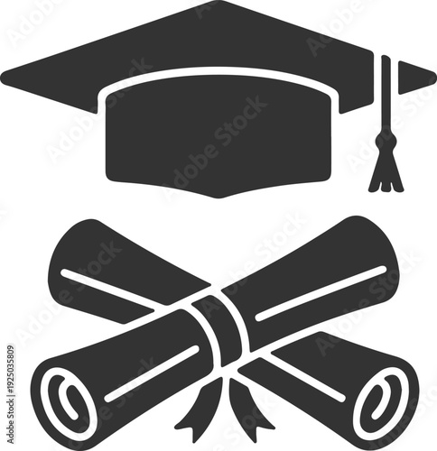 Professional Graduation Icon Set Featuring Academic Mortarboard Cap and Crossed Diploma Scrolls with Ribbons for Education, Achievement, and University Success Concepts