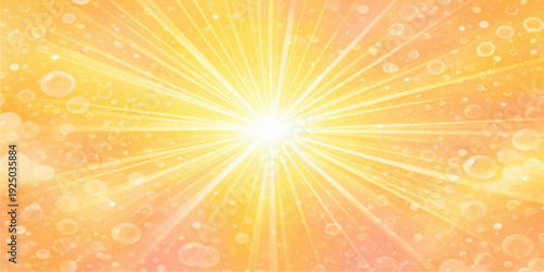 An abstract orange vector background featuring a bright summer sunburst with yellow light rays and a glowing sun sunshine energy burst in a hot star explosion design