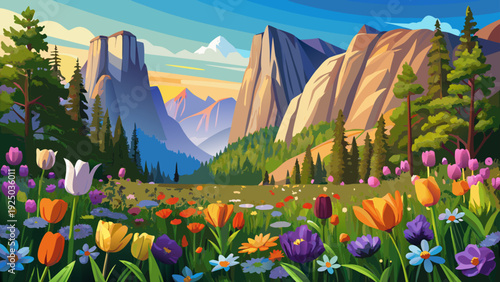 Very beautiful close-up wildflowers blooming across Yosemite Valley with granite cliffs rising in the distance, capturing vibrant colors and peaceful natural harmony in springtime.
