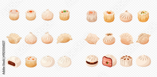 Set of various delicious Asian dumplings and dim sum, traditional Chinese food collection.