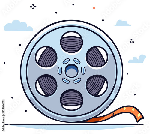 Illustrated film reel with detailed tape, classic movie elements, and a creative design.