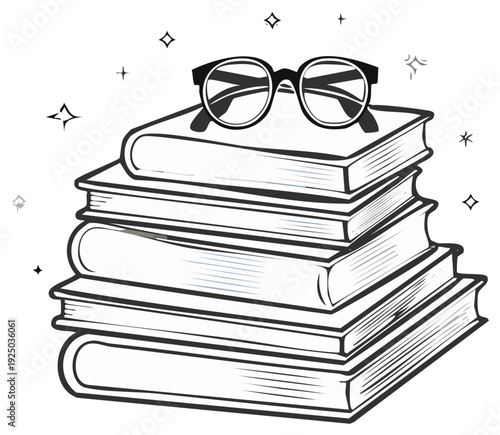 Books Stack with Glasses Outline Education Knowledge Study Concept Illustration