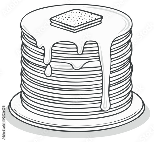 High Stack of Pancakes with Butter and Syrup Line Art Vector Illustration