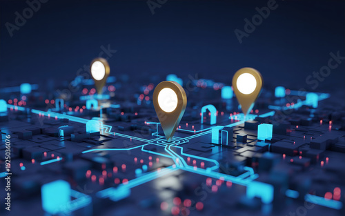 Glowing digital 3d city map with location pins and blue neon lines 3d, city, map, location, pins, glowing, neon, blue, red, digital, futuristic, navigation, urban, planning, technology, infrastructure