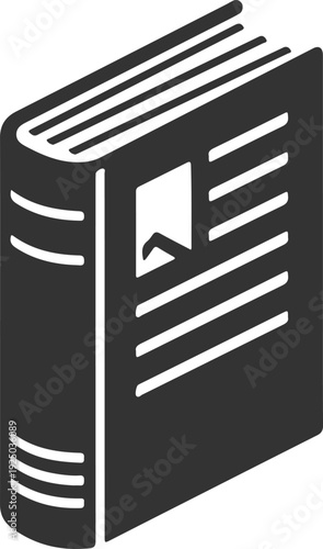 Black and White Minimalist Book Icon – 3D Perspective Hardcover Notebook Vector Illustration for Education, Literature, and Library Design Concepts