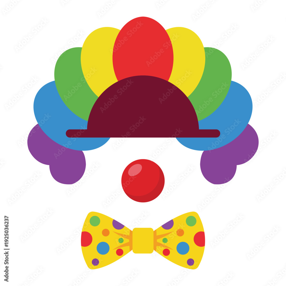 Fototapeta premium Cheerful Clown's Ensemble: a vibrant, whimsical depiction of a clown's attire, with a colorful wig, a red nose, and a polka-dotted bow tie, exuding a sense of joy and playfulness.