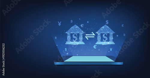 Transactions between banks and interbank digital payment.Money transfers from different currencies internationally  International payment system and currency exchange global.