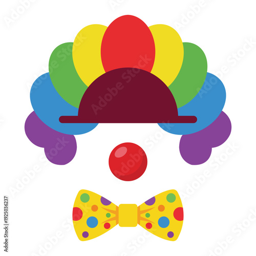 Cheerful Clown's Ensemble: a vibrant, whimsical depiction of a clown's attire, with a colorful wig, a red nose, and a polka-dotted bow tie, exuding a sense of joy and playfulness.