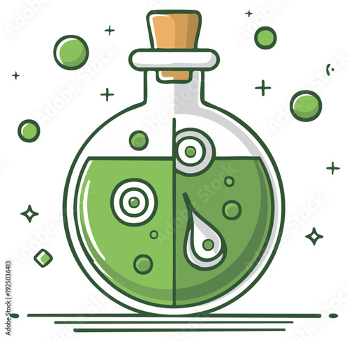 Illustration of a cartoon-style potion bottle with bubbly green liquid and cork stopper