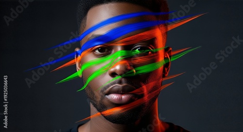 Close-up of a man's face illuminated by vivid neon paint streaks. The bold colors create a dramatic and artistic effect.