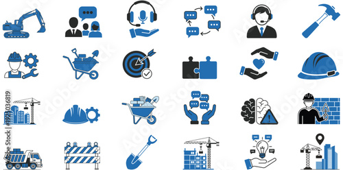 Construction Icons in Blue: A comprehensive collection of meticulously crafted construction icons in shades of blue. Each symbol represents an aspect of construction and related industries.