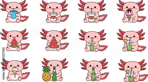Cute Kawaii Axolotl Drinking Beverages Cartoon Illustration Set