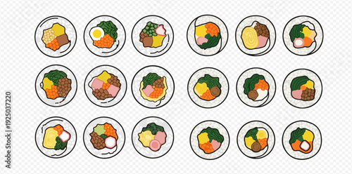 Collection of various colorful sushi rolls and Japanese cuisine elements, top view, vector illustration.