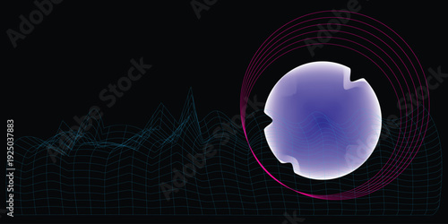 Abstract digital wave form with glowing sphere and grid overlay