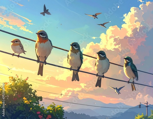 Serene Watercolor Painting of Colorful Birds Perched on Power Lines at Sunset with a Beautiful Sky.