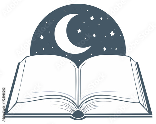 Open Book with Crescent Moon and Stars Illustration, Isolated on White.