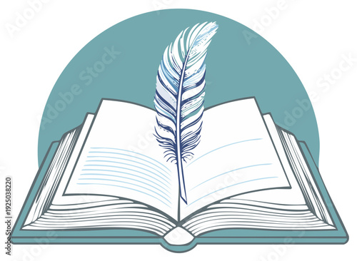 Open Book with Quill Pen Illustration for Writing and Learning in Teal Shades
