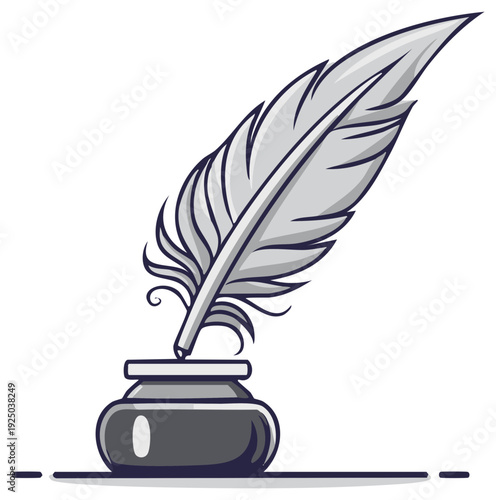 Vintage quill pen writing calligraphy with inkwell illustration, old style writing instrument and container for ink, classic writing.