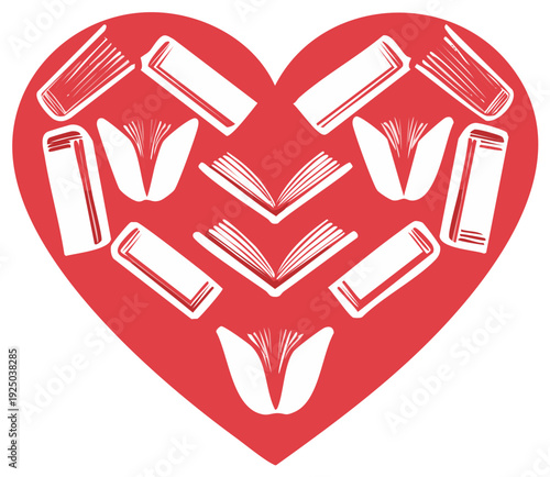 Red Heart Shape Filled with Open and Closed Books Illustration