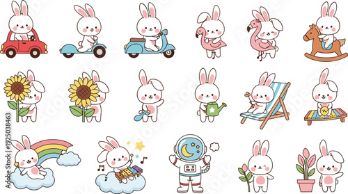 Cute Kawaii Bunny Character Set with Fun Activities Illustration