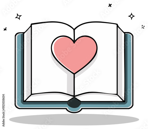 Open book with a heart shape in the middle creating a dreamy love story or fairytale concept illustration
