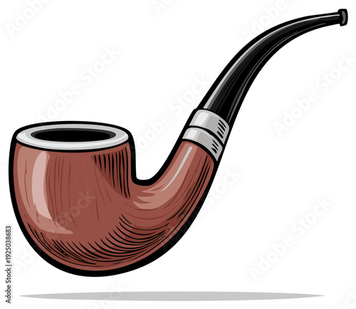 Classic wooden smoking pipe vector illustration with intricate wood grain and elegant black stem for traditional themes