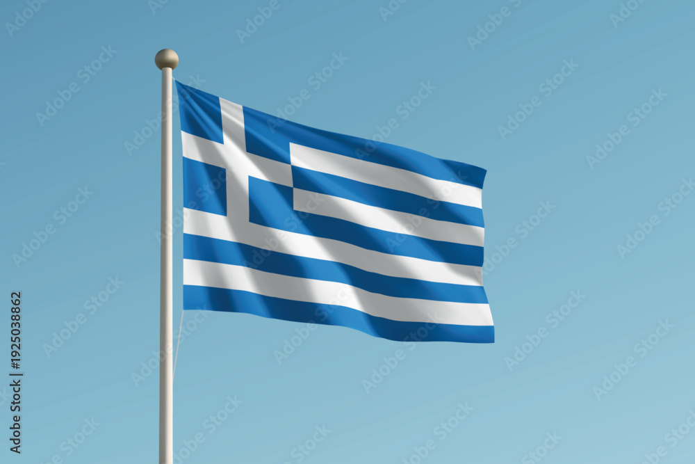 Obraz premium Greece national flag waving on pole against clear blue sky background.