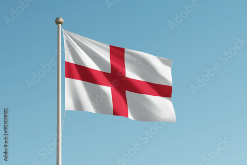 England national flag waving on pole against clear blue sky background.