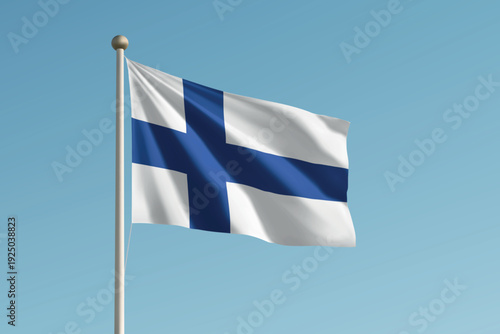 Finland national flag waving on pole against clear blue sky background.