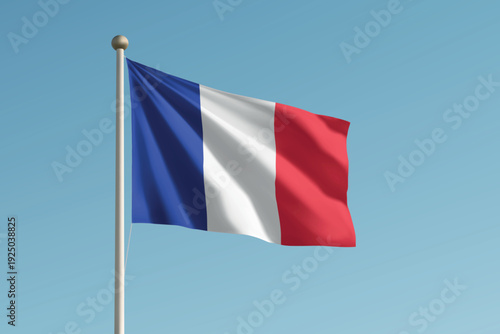 France national flag waving on pole against clear blue sky background.