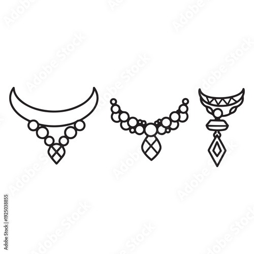 Line art of three different types of necklaces with various pendants and beads  jewelry  fashion accessories