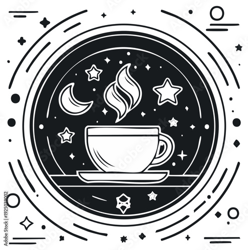 Coffee Cup with Moon and Stars in a Celestial Circle Outline Vector