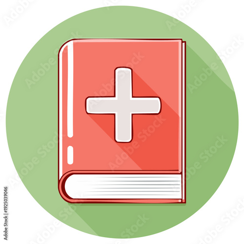 Red Medical Book with a White Cross and Long Shadow on a Green Circle