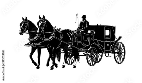 Historic two horse carriage silhouette vector classic driver coach illustration