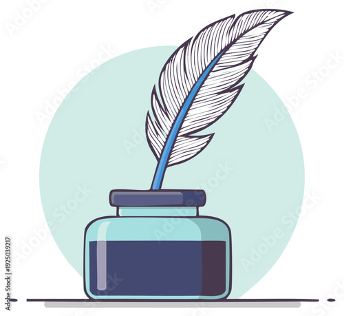 Stylized quill pen and inkwell illustration with a blue tint