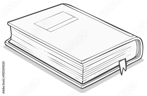 Outlined illustration of a hardcover book with a bookmark, ideal for education and reading-themed projects.