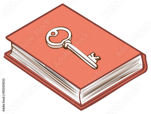 Open book with an antique key resting on its cover, symbolizing knowledge and secrets.