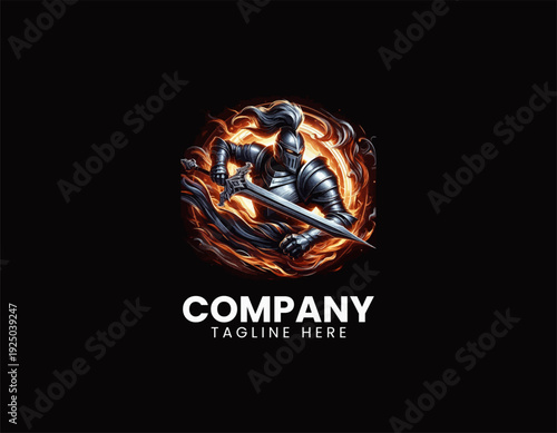Silver armored knight warrior holding sword is surrounded by burning fire circle