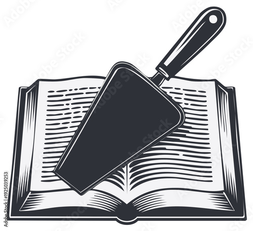 Illustration of a cake server on an open book, concept of culinary knowledge