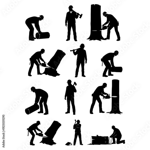 Woodcutter and Lumberjack Silhouette Set - Man Cutting Wood in Forest with Axe Vector