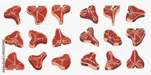 Set of raw T-bone steak illustrations, fresh meat cuts for grilling, cooking, and barbecue.