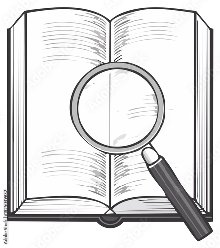 Open book with magnifying glass examining text and pages detailed line art illustration