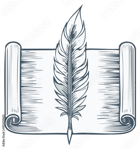 Ink Feather Pen with Scroll Illustration