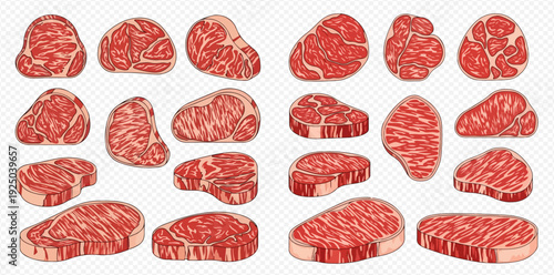 Set of various fresh raw beef steaks and cuts, showcasing different marbling and shapes for culinary use.