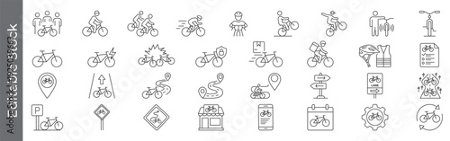 Bicycle, cycling and bike lane icon set – editable outline symbols of cyclist, helmet, route, repair, parking, shop and race