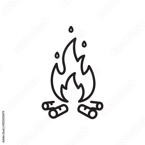 Line drawing of a campfire with flames and logs burning outdoors